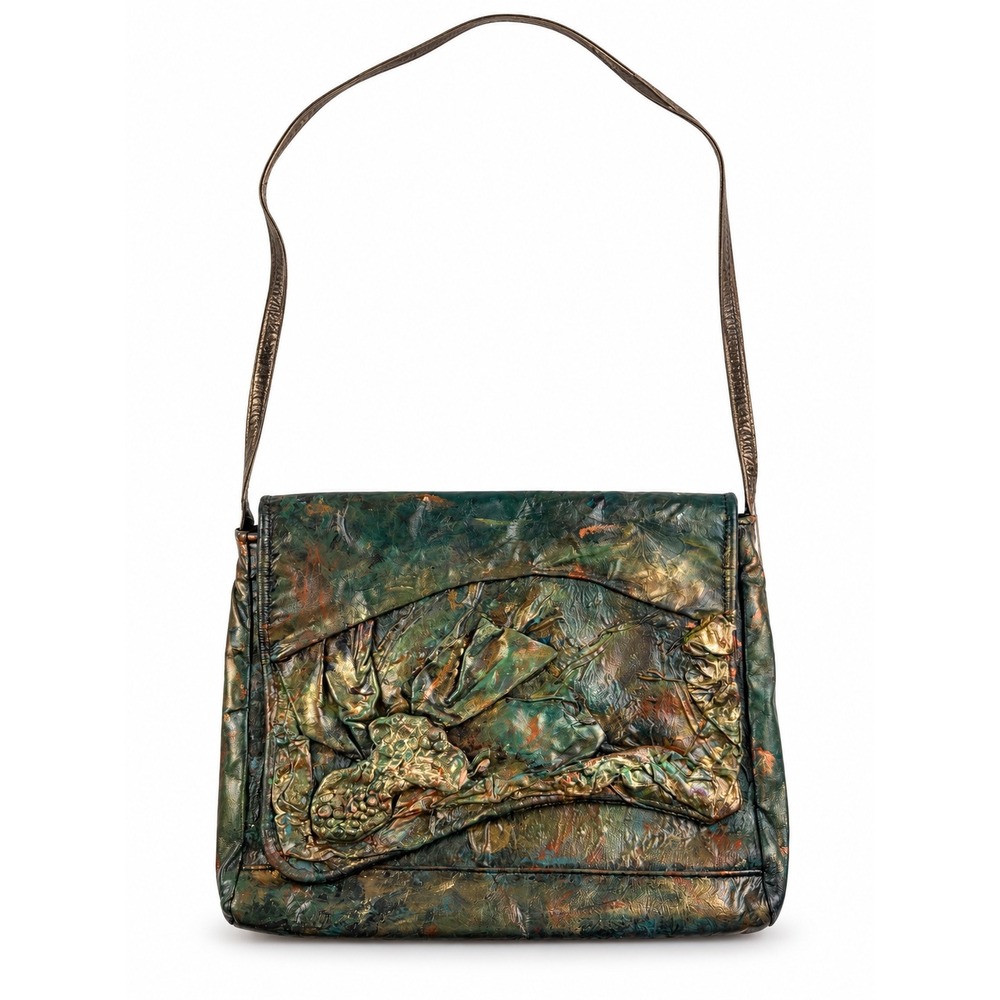 Vintage Y2K Metallic Green Sculptural Leather Shoulder Bag Boho Art Purse